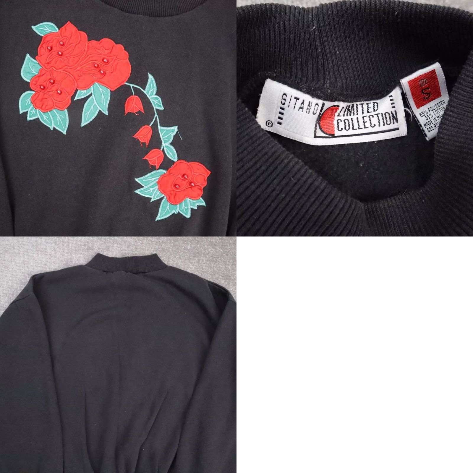 Vintage VINTAGE Gitano Roses Embroidered Black Pullover Sweatshirt Small Women 80s Floral Crew Neck Sweatshirt Ladies Regular Fit Size S / US 4 / IT 40 - 8 Thumbnail