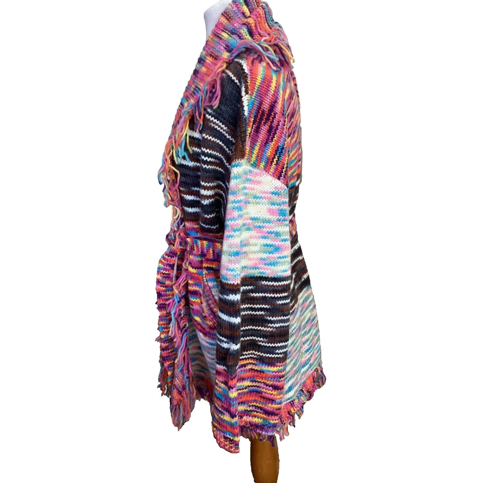 Other POL 80'S PATCHWORK BELTED FRINGE KNIT CARDIGAN SWEATER SZ M Size M / US 6-8 / IT 42-44 - 3 Thumbnail