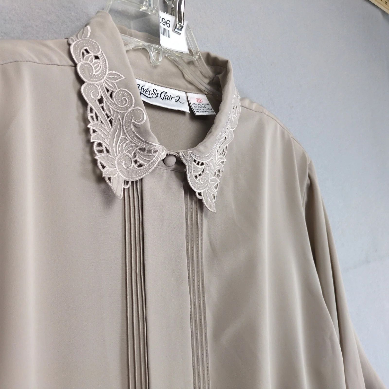 Vintage Yves St Clair Tan Blouse Women's 20W Embroidered Lace Collar Size 3XL / US 20-22 - 8 Thumbnail
