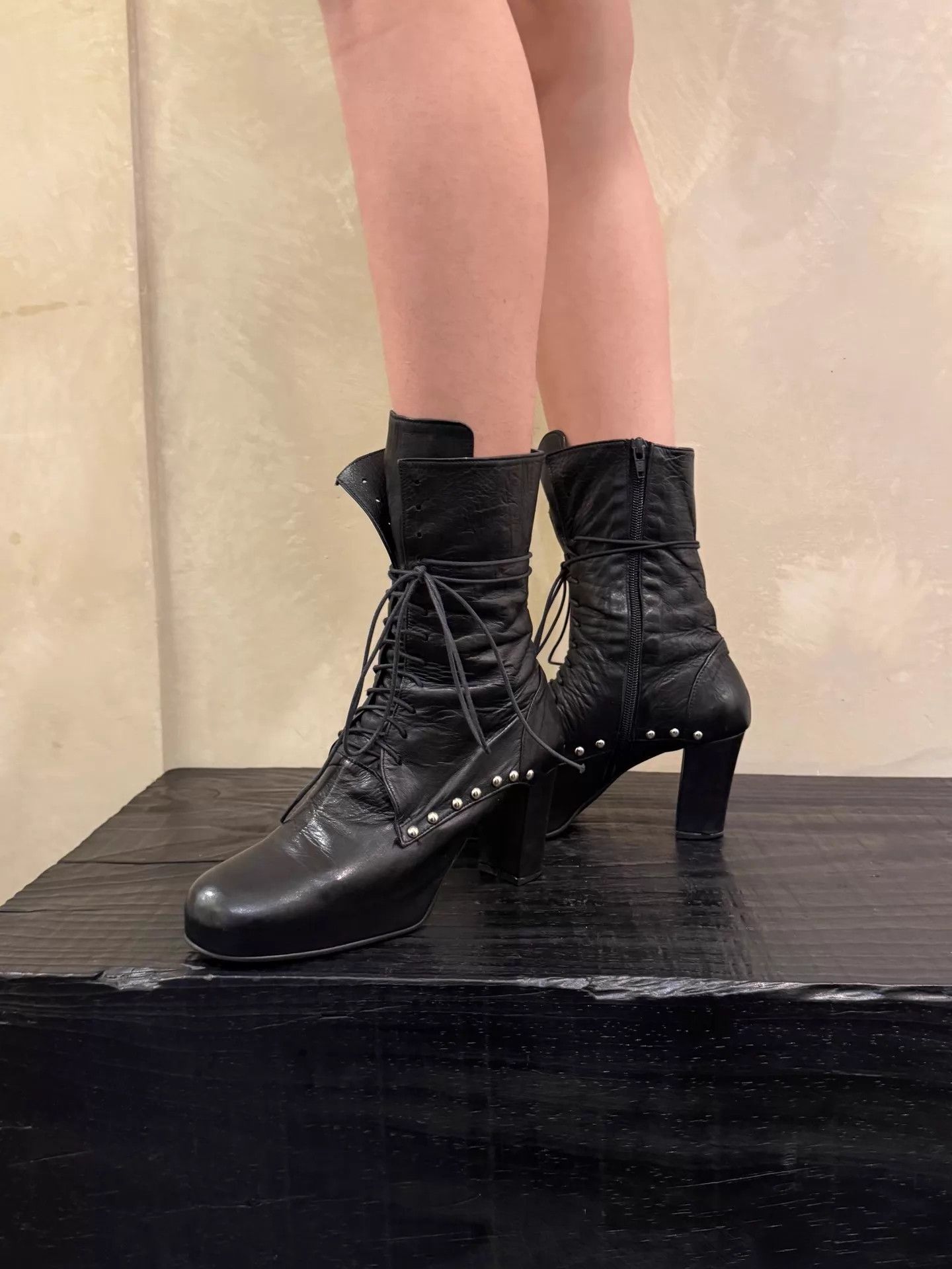Other Japanese Brand Dark Black Strappy Short Boots 38 8cm Size US 7.5 / IT 37.5 - 2 Thumbnail