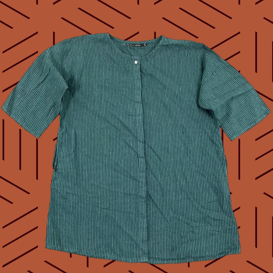 Vintage Gudrun Sjoden Button-Up Tunic Shirt Women Large Green Striped 100% Linen Lagenlook 3/4 Sleeve Casual Travel Workwear Size L / US 10 / IT 46 - 1 Thumbnail