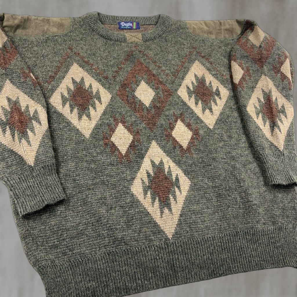 Gustin VINTAGE Dustin Grandpa Sweater Men XL Green Geometric Knit Wool Mohair 80s 90s Patch Pullover Crew Neck Classic Retro Size US XL / EU 56 / 4 - 1 Thumbnail