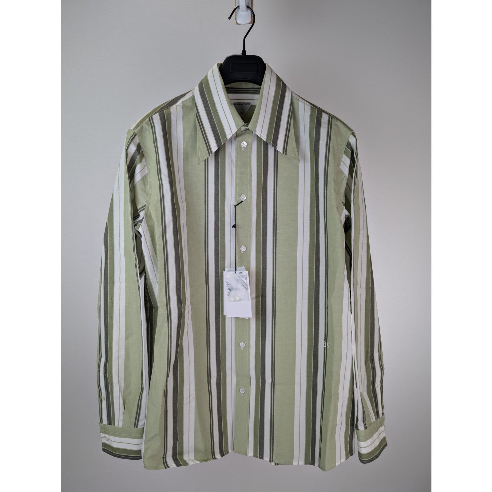 Bottega Veneta o1rshd1 Chunky Cotton Stripe Shirt Green/Olive Multi-Stripe Size US M / EU 48-50 / 2 - 9 Thumbnail