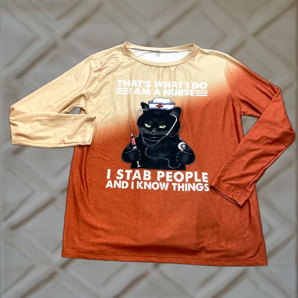 Vintage Unbranded Shirt Adult XL Orange Crew Neck Long Sleeve Cat Nurse Graphic Tee Size US XL / EU 56 / 4 - 1 Thumbnail