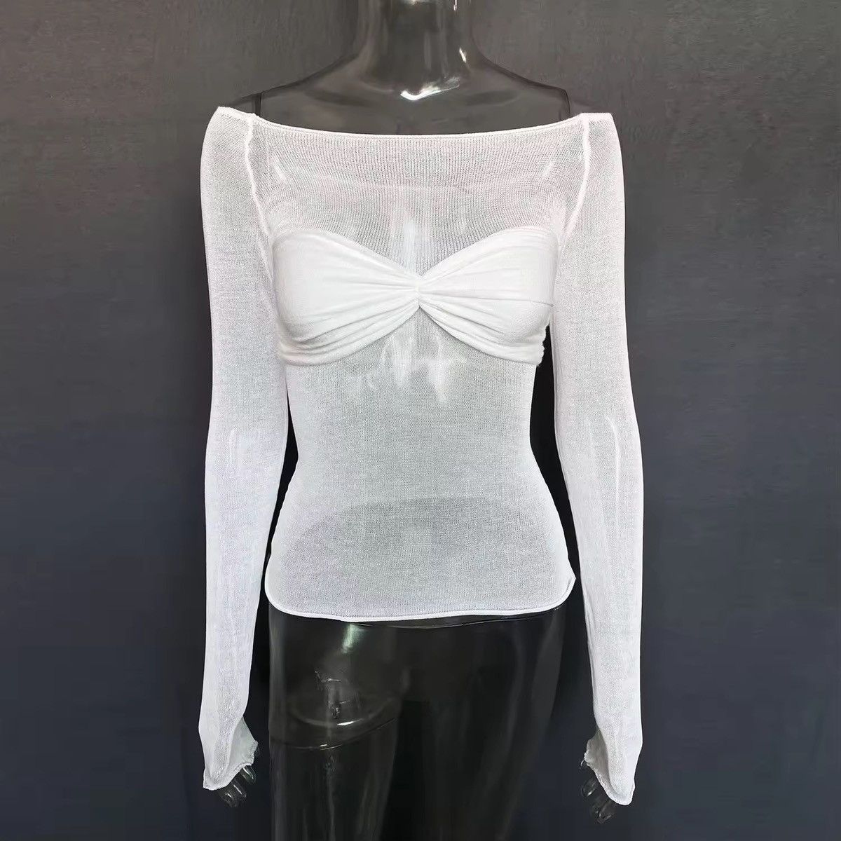Japanese Brand Chic Mesh Long Sleeve Top - Knot Front, Stylish Size M / US 6-8 / IT 42-44 - 3 Thumbnail