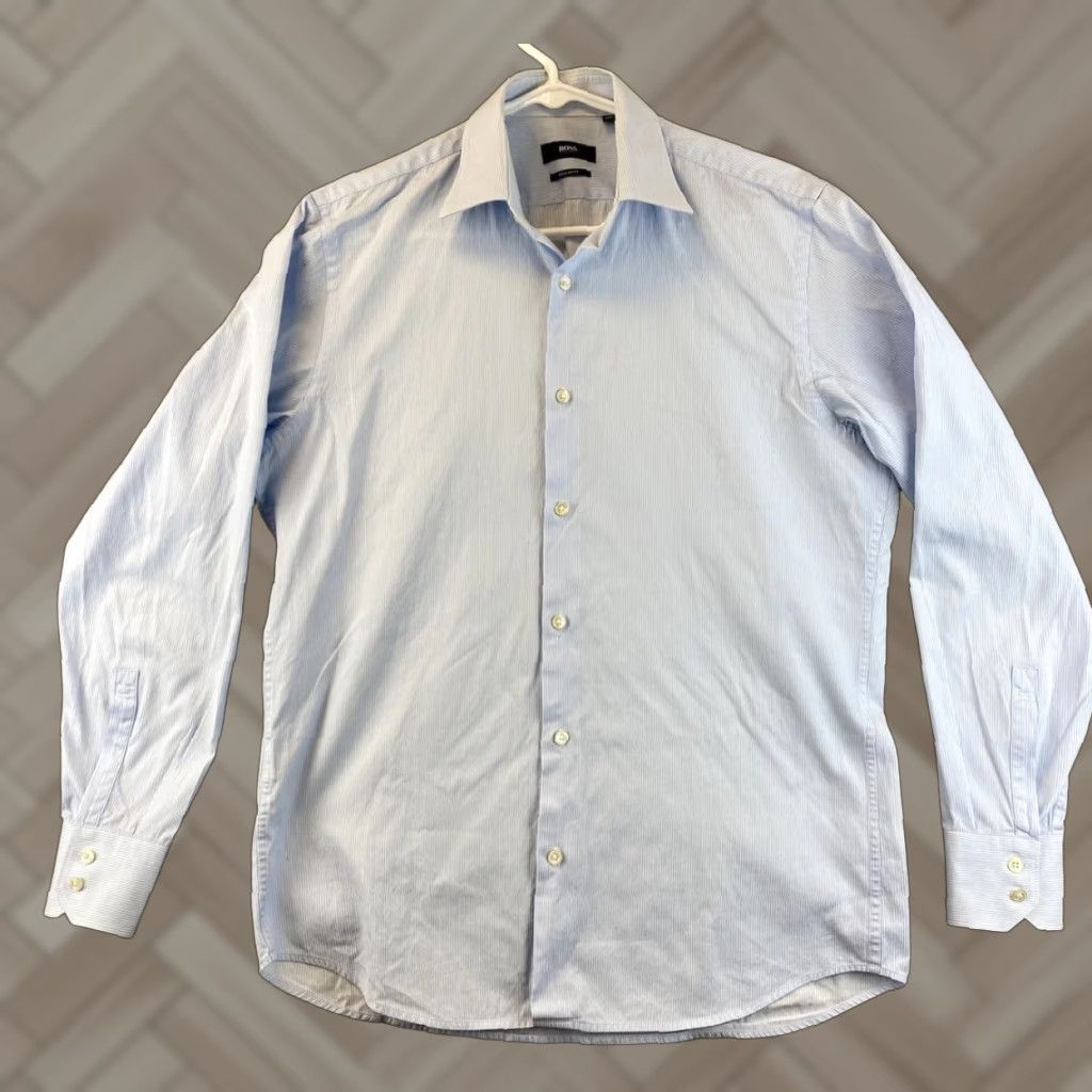 Vintage Boss Men Dress Shirt Size 15 Blue Button-Down Cotton Long Sleeve Office Casual Size 40R - 1 Thumbnail