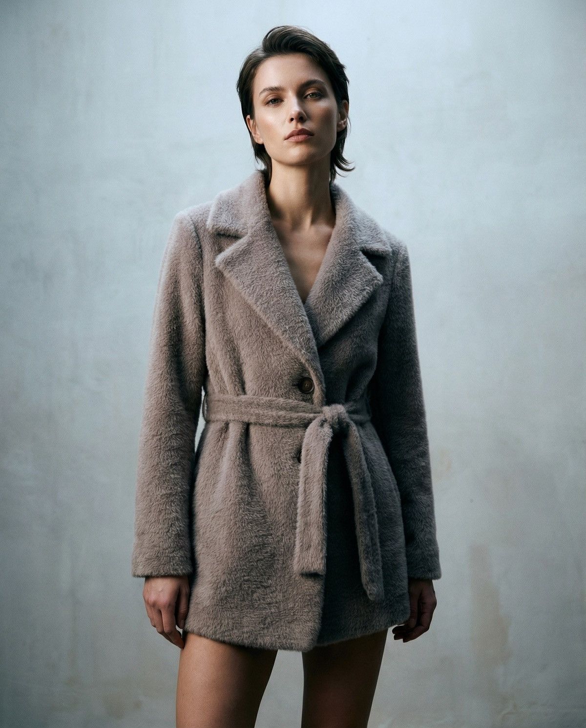 Other Soft Belted Teddy Coat – Taupe Faux Fur Winter Jacket Size ONE SIZE - 1 Thumbnail
