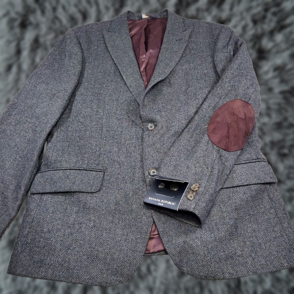 Banana Republic Banana Republic Blazer Men 46R Herringbone Tweed Peak Lapel Two-Button Elbow Patches Wool Polyester Multicolor 2 Piece Regular NEW Size 46R - 1 Thumbnail