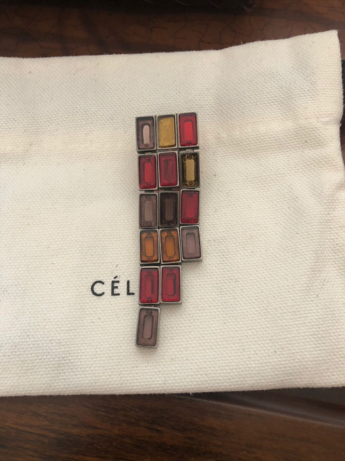 image of Old Celine Glass Colorblock Fringe Single Drop Earring in Red, Women's