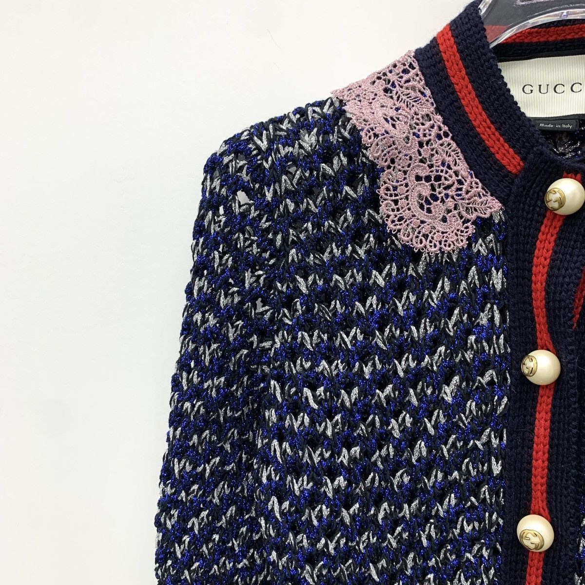 Gucci Navy Blue Striped Lace Pearl Button Knit Cardigan
