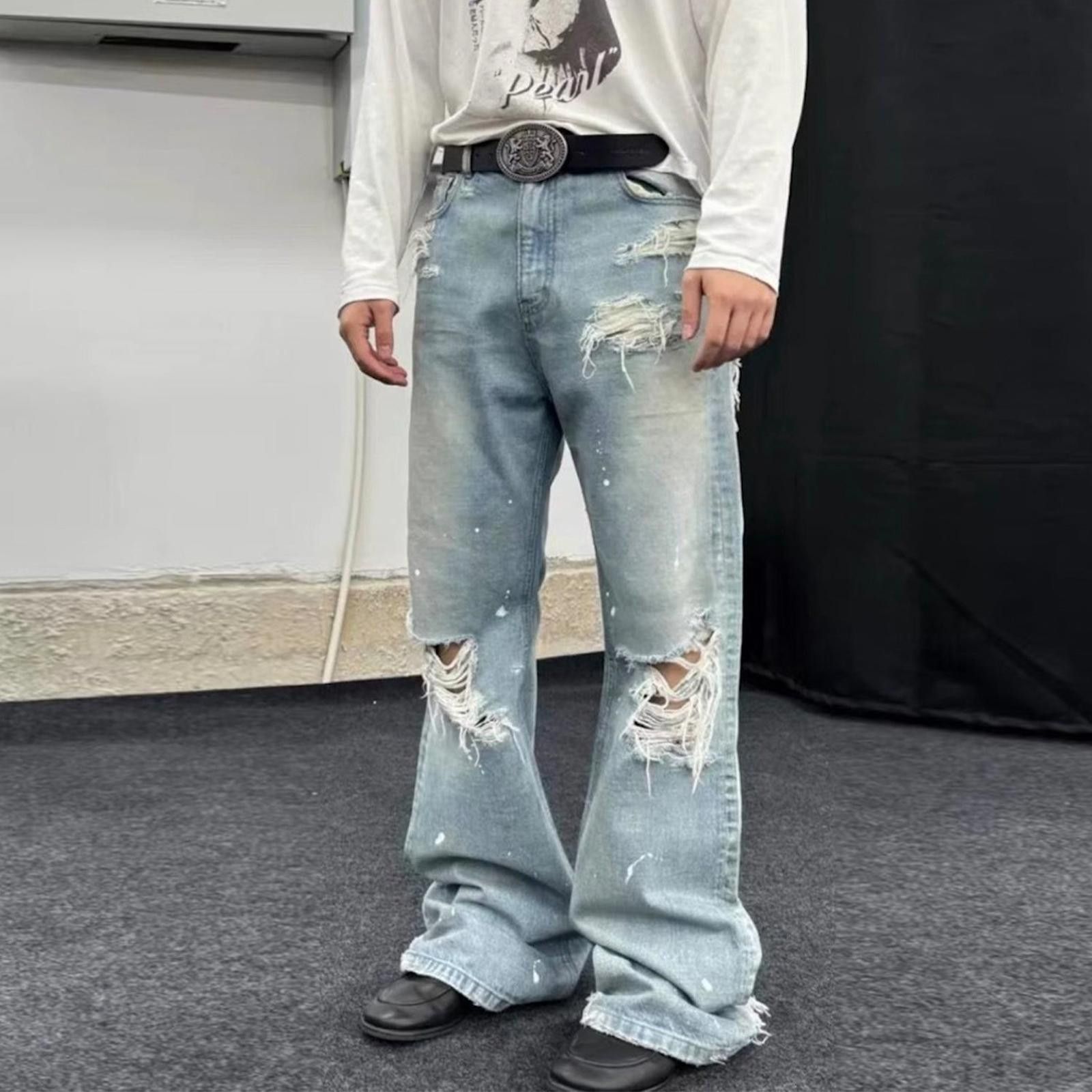Jean Heavy-Distressed Wide-Leg Blue Denim Jeans Size US 30 / EU 46 - 1 Thumbnail