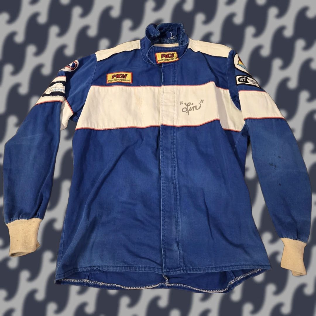 VINTAGE RCI Racing Jacket Mens Large Blue White Fire Suit SFI Patches 80s Auto