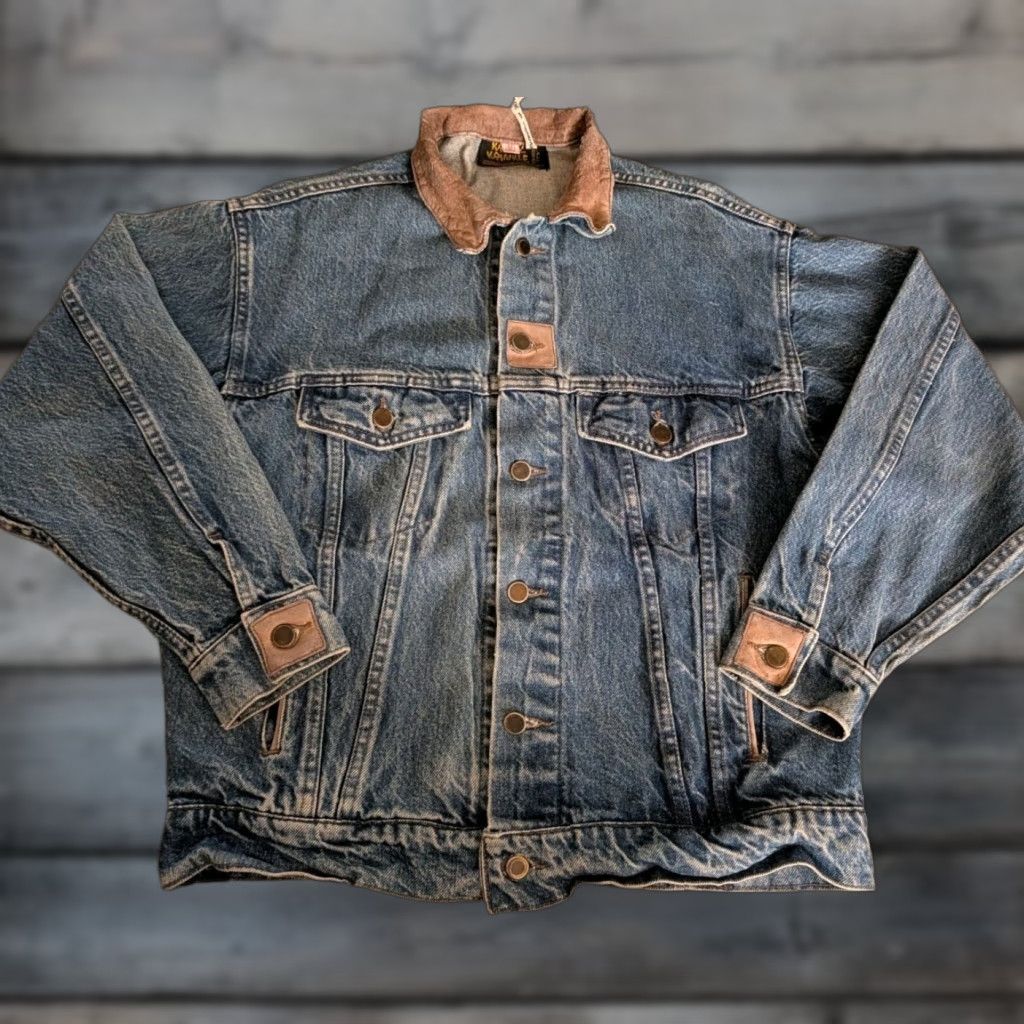 Denime VINTAGE Krazy Krinkle Denim Jean Jacket Mens Medium 43 Blue Leather Collar 80s Casual Workwear Mens Size US 31 - 1 Thumbnail