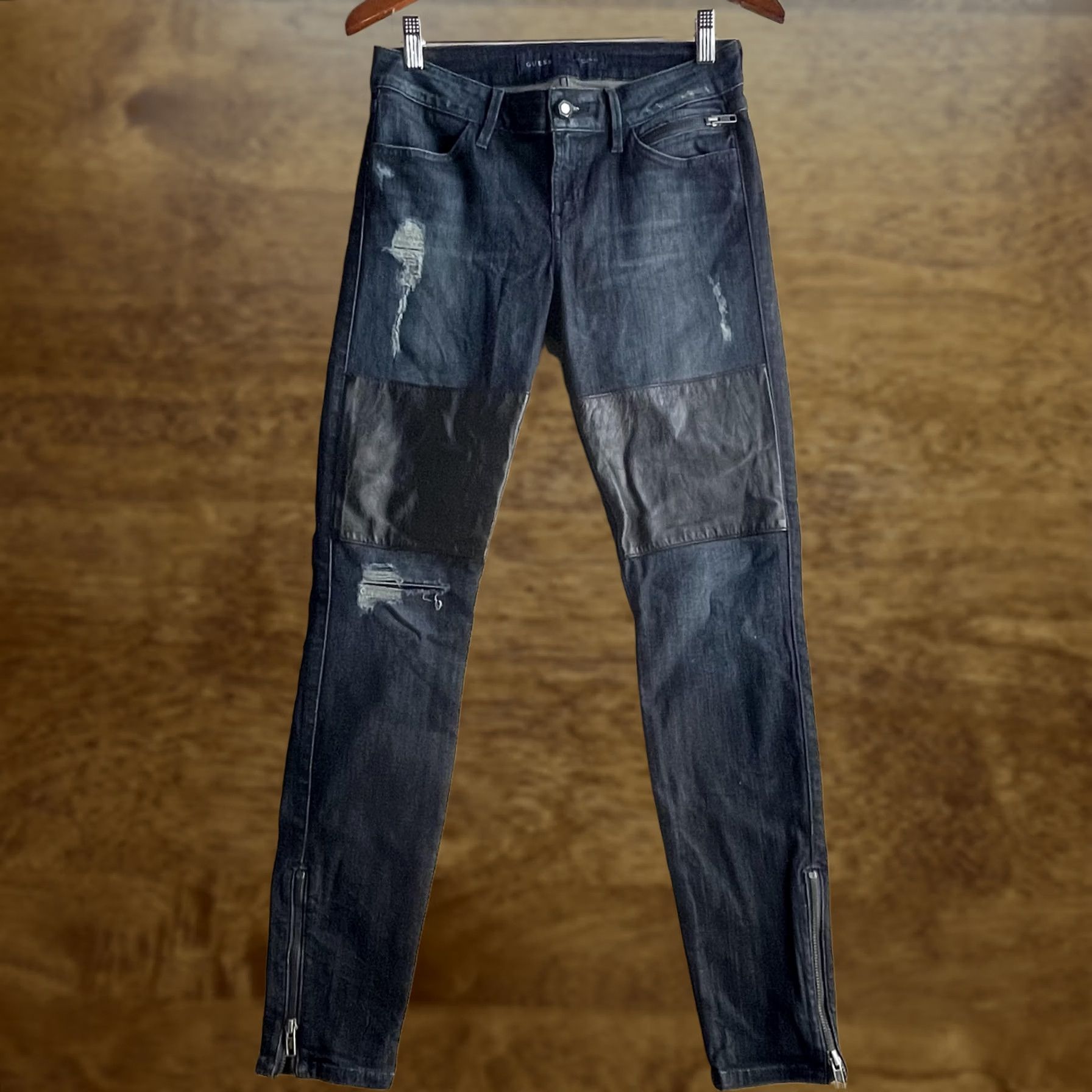 Guess GUESS Jeans Womens 27 Dark Wash Skinny Distressed Ankle Zip Leather Panel Denim Jeans Size 27" / US 4 / IT 40 - 1 Thumbnail