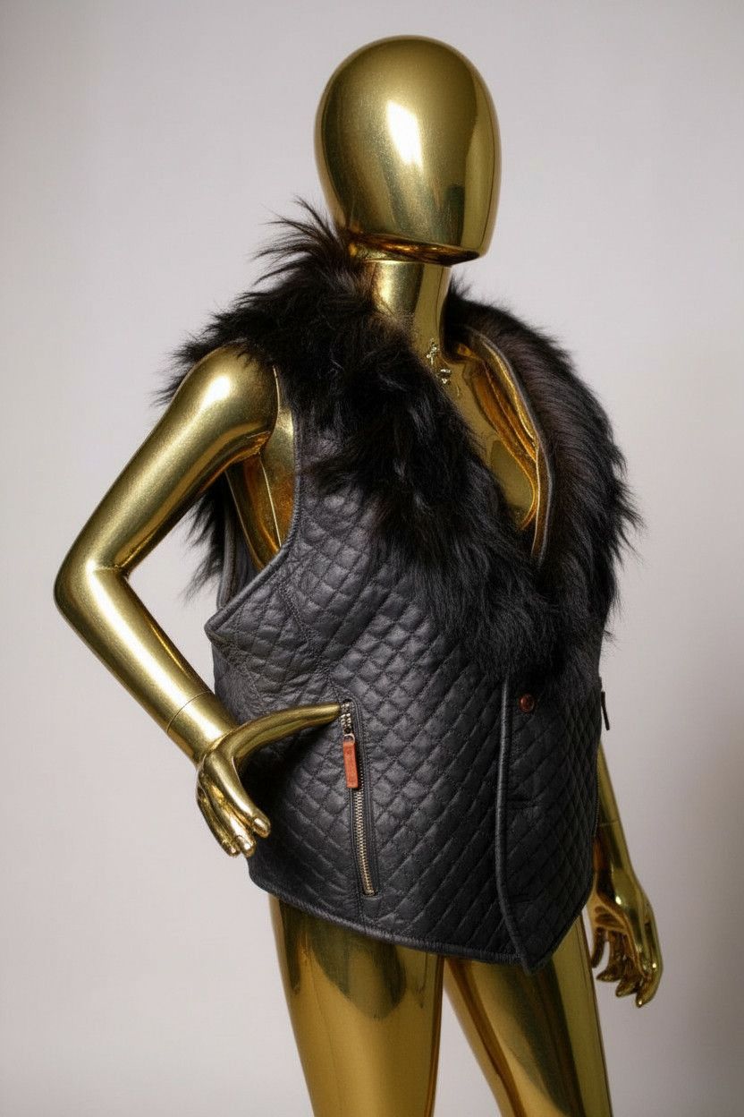 Vintage Black Quilted Vest with Real Mongolian Fur Collar Size US L / EU 52-54 / 3 - 2 Thumbnail
