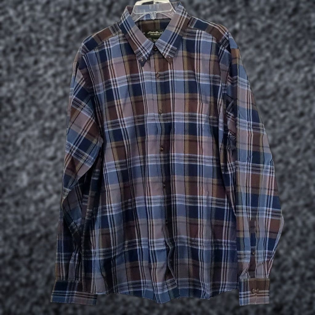 Eddie Bauer Mens Cotton Plaid Long Sleeve Button-Up Shirt XL Blue
