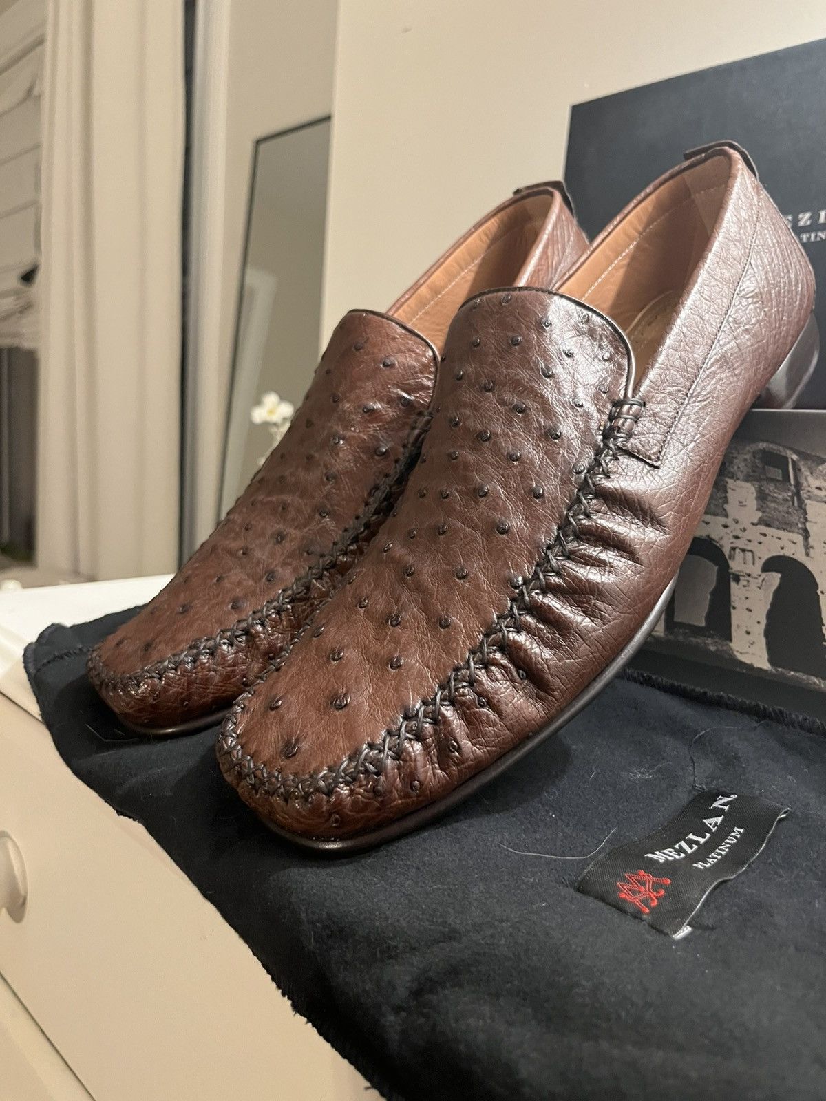 Mezlan Mens Mezlan Rollini Ostrich Quill Dress Shoe Loafer in Brown Size US 11 / EU 44 - 2 Thumbnail