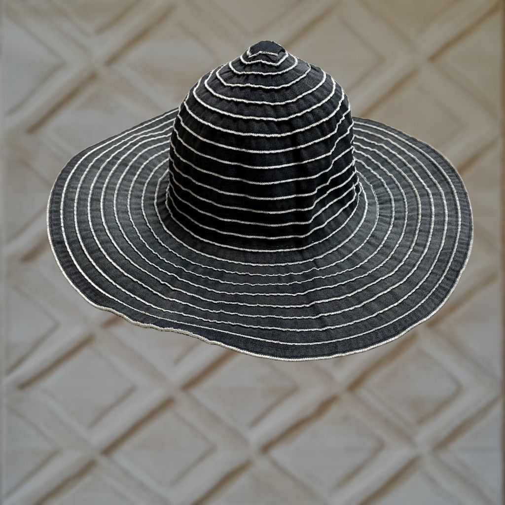 Vintage Capelli New York Sun Hat Womens One Size Black White Striped Wide Brim Cotton Size ONE SIZE - 1 Thumbnail