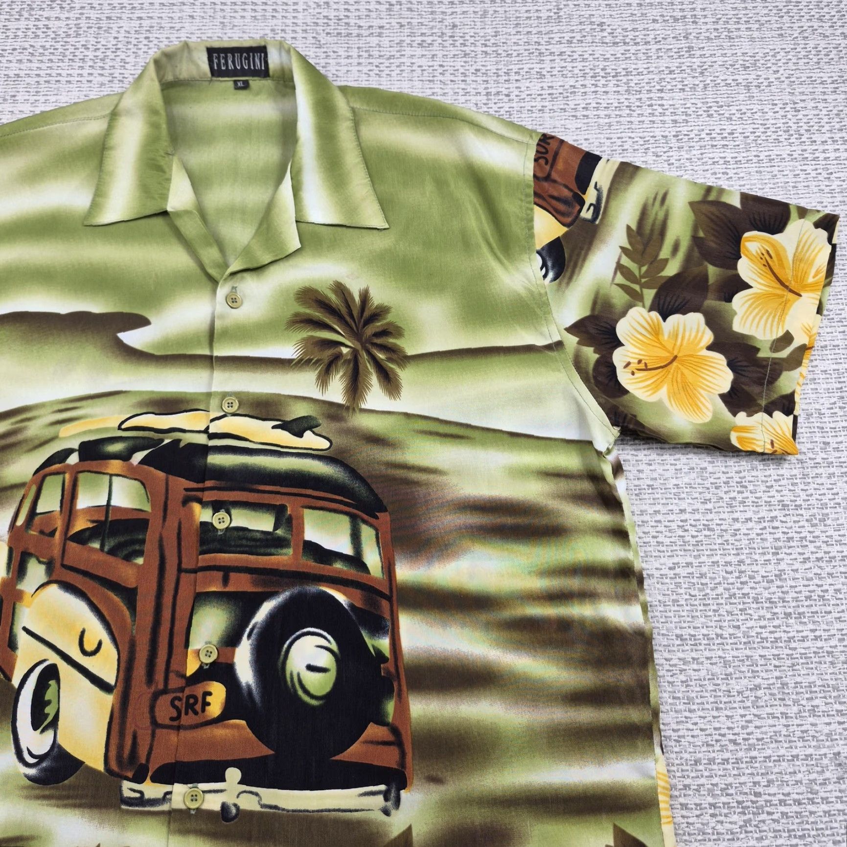 ALOHAS VINTAGE Ferugini! Hawaiian Button Up Shirt Mens XL Green Floral Surf Wagon Aloha Shirt Size US XL / EU 56 / 4 - 2 Thumbnail