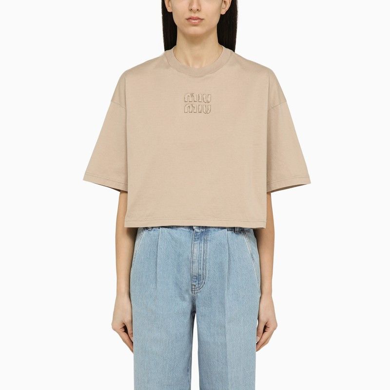 image of Miu Miu Cropped Beige Cotton T-Shirt With Logo, Women's (Size XS)