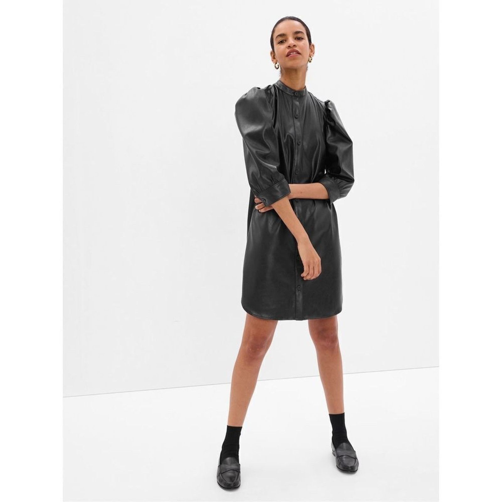 Gap NWOT GAP Puff Sleeve Leather Mini dress Shirt dress black Size S / US 4 / IT 40 - 1 Thumbnail