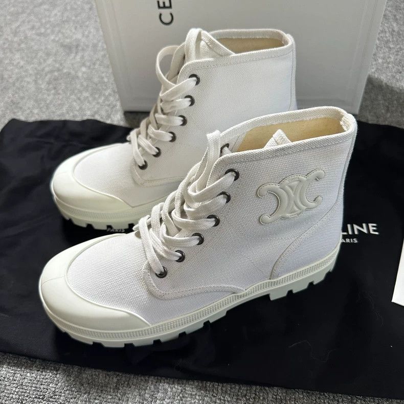 Celine CELINE Logo canvas lace-up sneakers small white booties ca Size US 7.5 / IT 37.5 - 2 Thumbnail