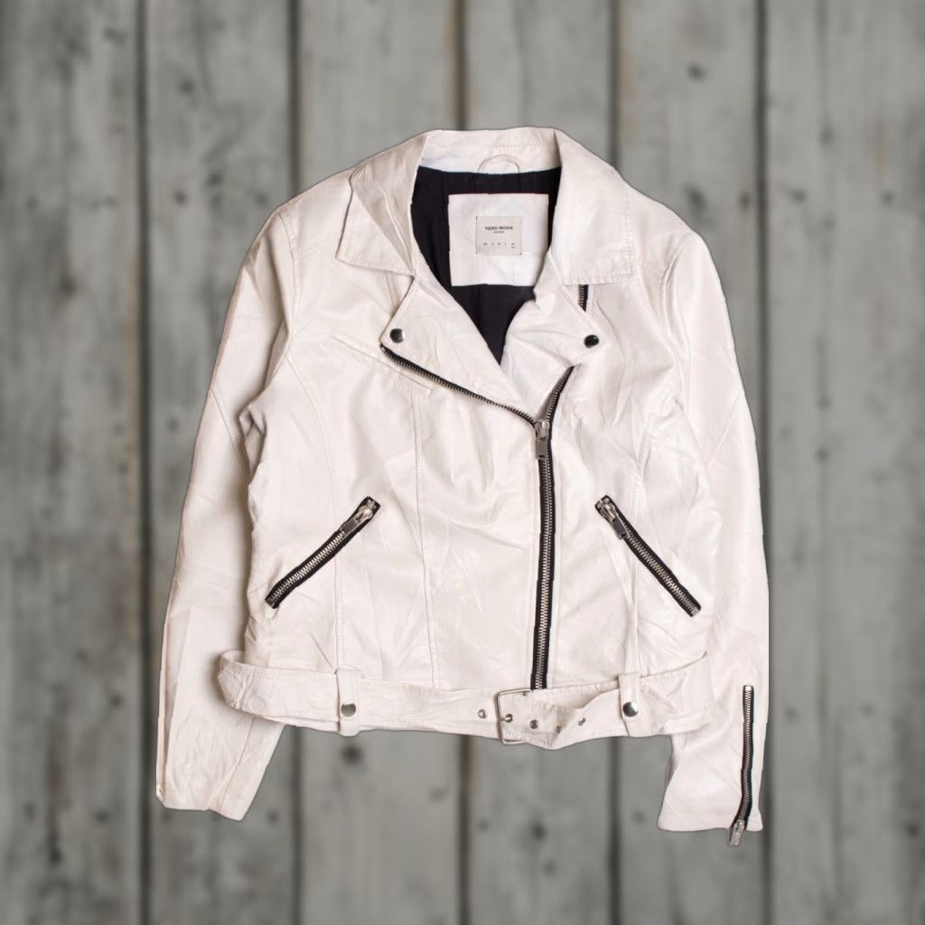 Vintage Vero Moda White Motorcycle Jacket X-Large Biker Style Zip Pockets White Leather / Polyester Vintage/Men? Size US XL / EU 56 / 4 - 1 Thumbnail