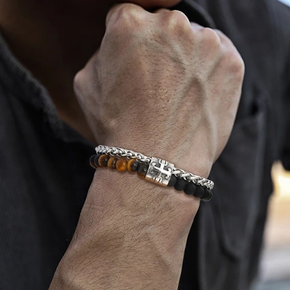 Jewelry × Vintage Double Layer Beaded Bracelet Matte Agate Tiger Eye Black St Size ONE SIZE - 1 Thumbnail