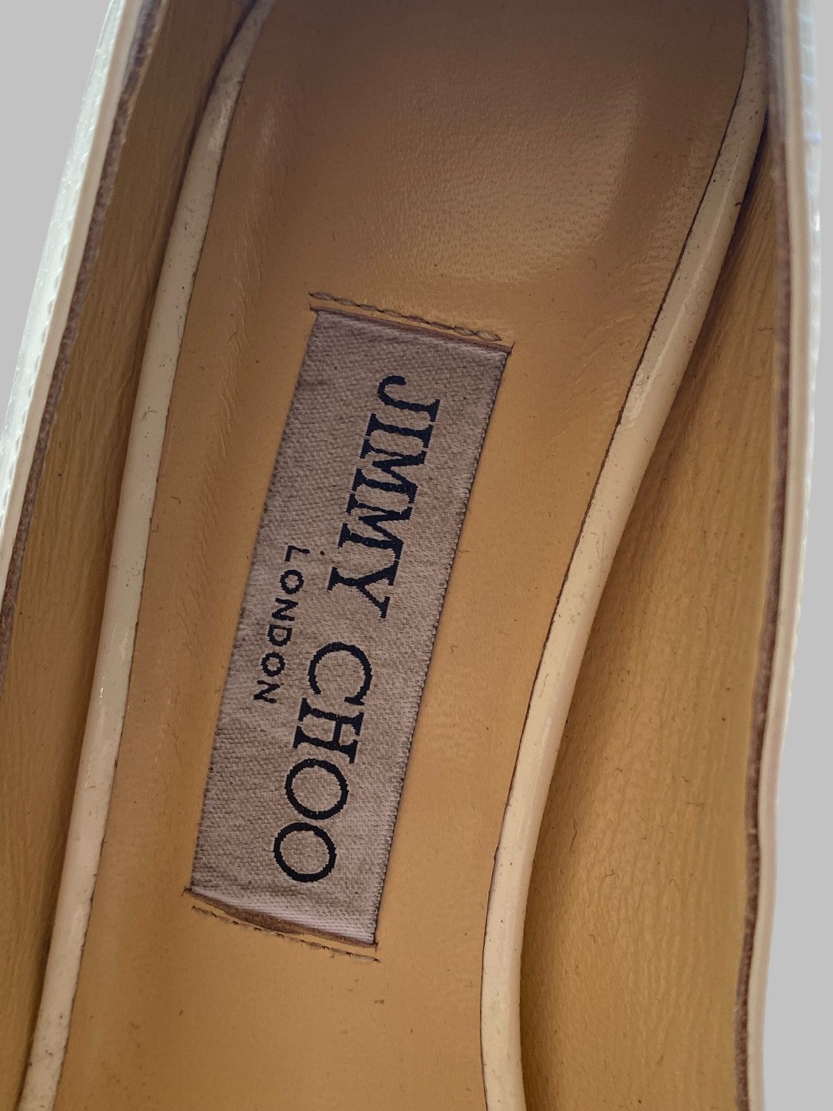 Jimmy Choo Jimmy Choo White Gold Patent Leather Peep Toe Heels Size US 7 / IT 37 - 15 Thumbnail