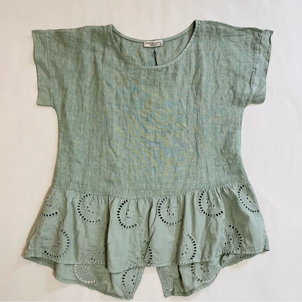 Other NWT New Terzo Millennio Sage Eyelet-trim Linen Top Made in Size S / US 4 / IT 40 - 5 Thumbnail
