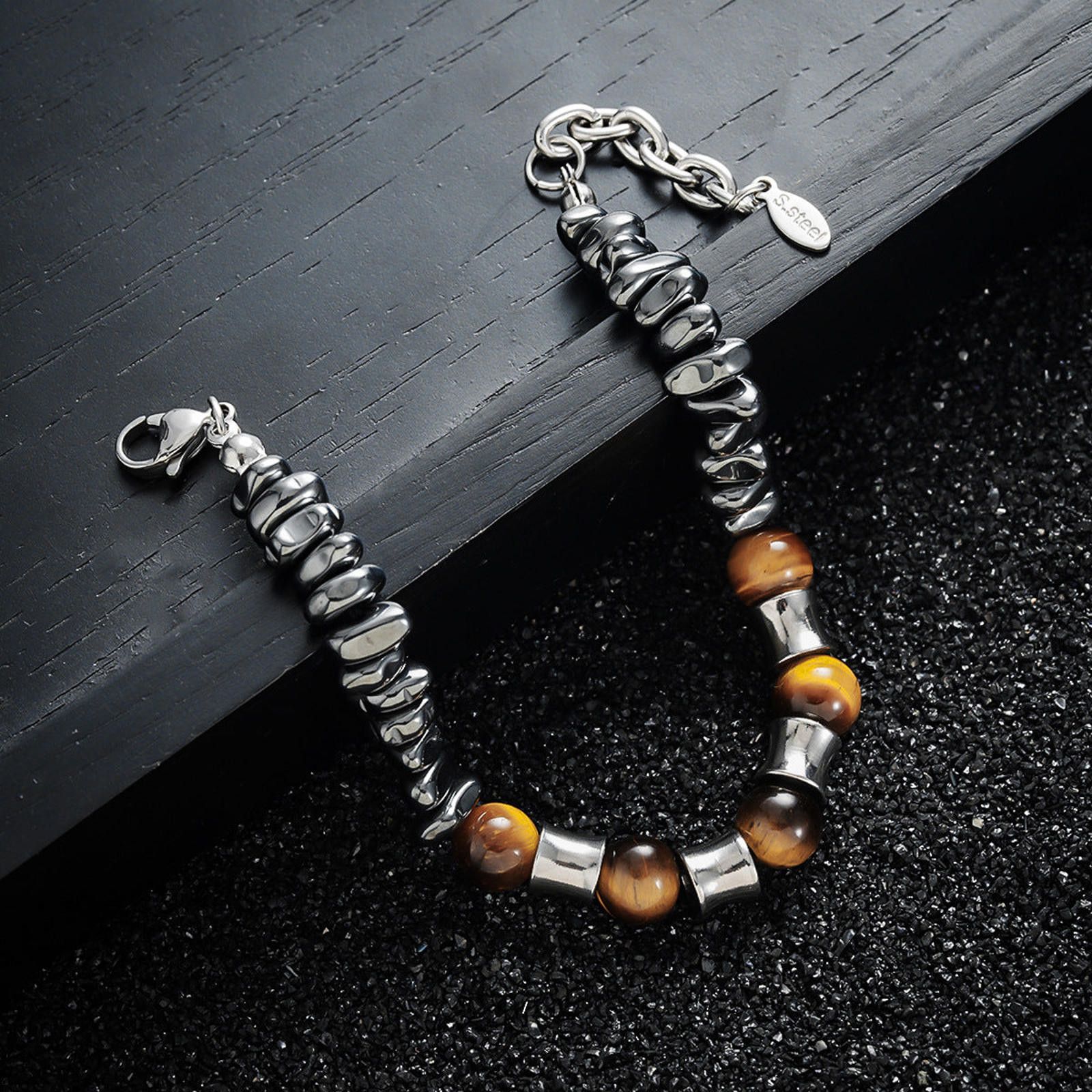 Jewelry Brown Tiger Eye Beaded Men's Bracelet, Silver Accent Size ONE SIZE - 4 Thumbnail