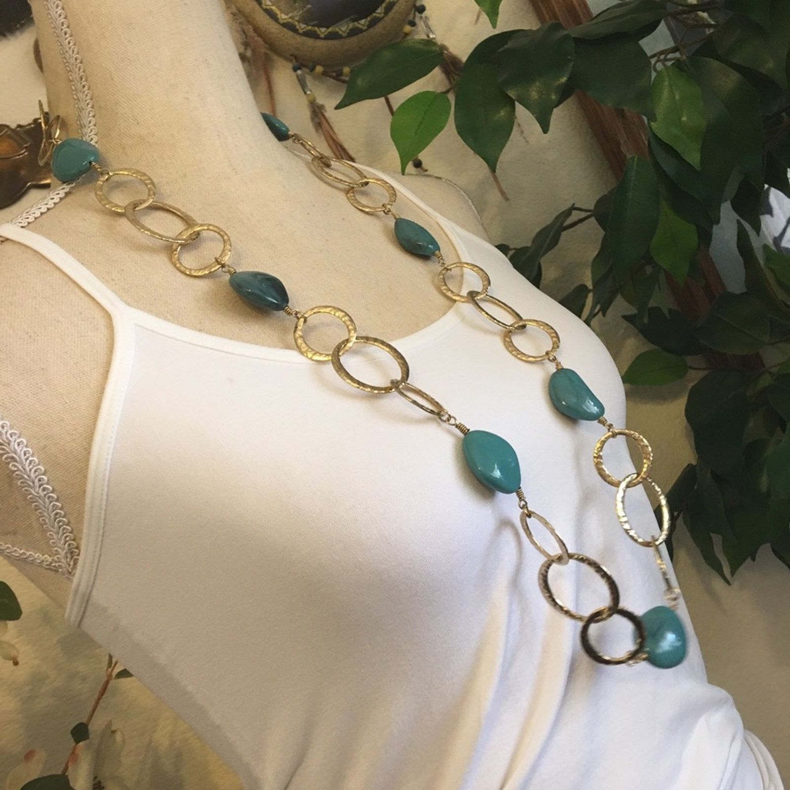 Jewelry Faux turquoise hammered gold disc long necklace Size ONE SIZE - 2 Thumbnail