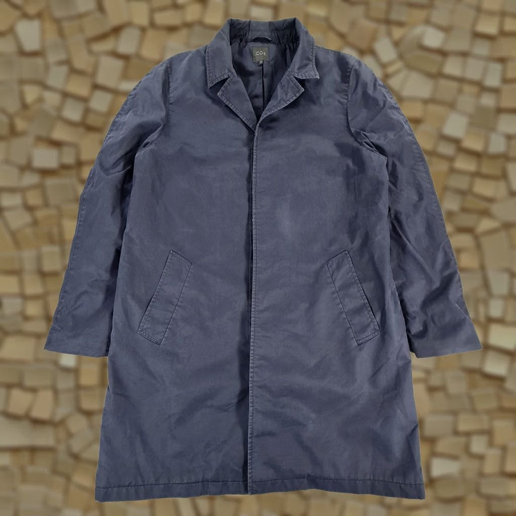 Cos COS Coat Mens Navy Blue 52 Cotton Long Line Single Breasted Overcoat Lightweight Pockets Size US L / EU 52-54 / 3 - 1 Thumbnail