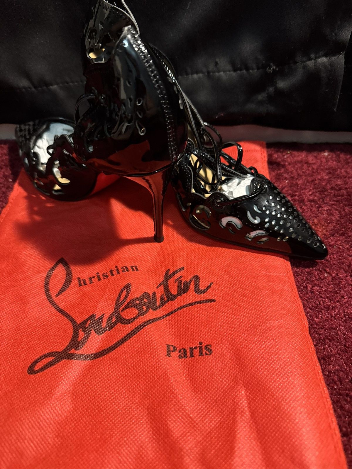 Christian Louboutin Christian Louboutin Black Patent Leather LaserCut Heels Mint Size US 7 / IT 37 - 3 Thumbnail