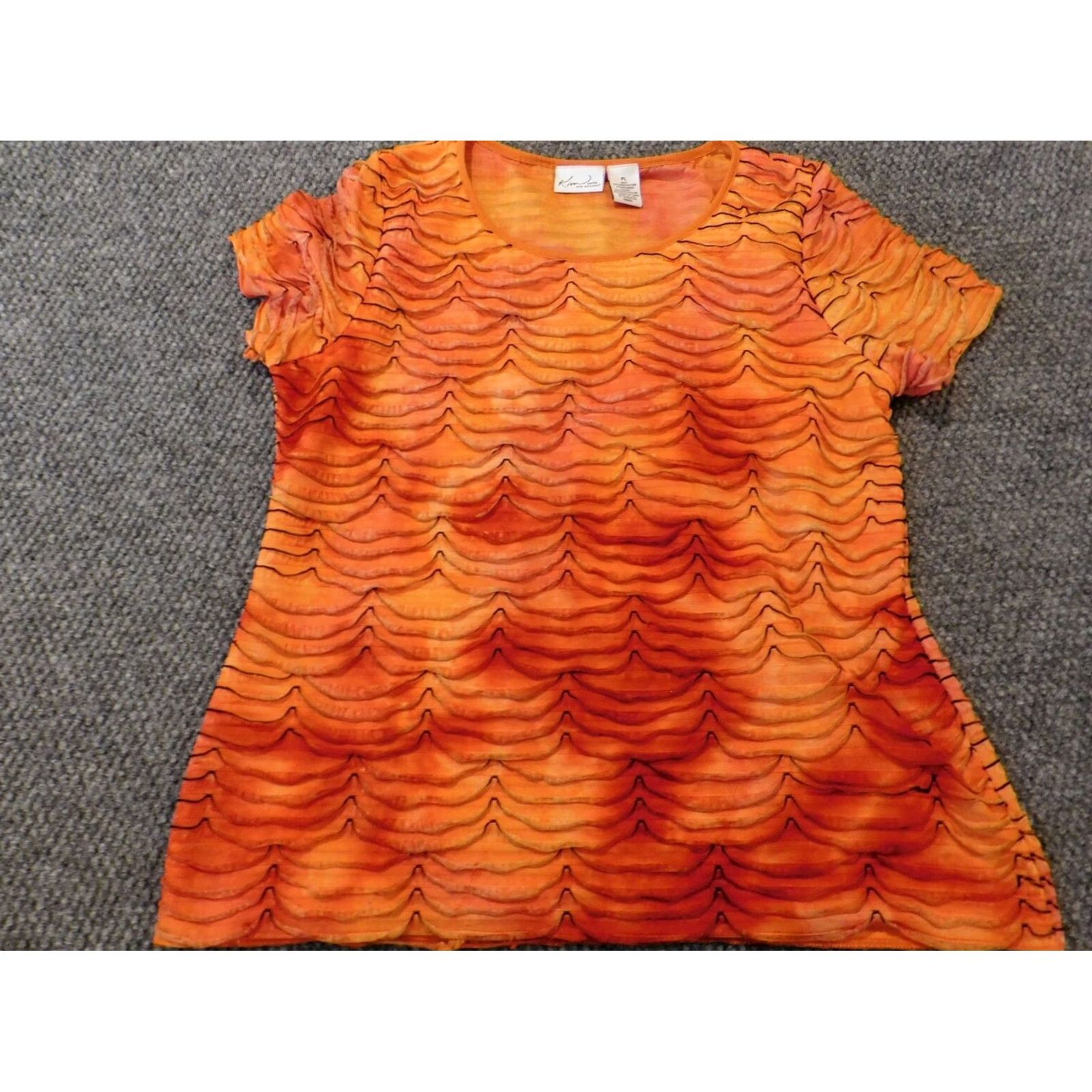 Vintage Kim Rogers Blouse Womens Petite Orange Cap Sleeve Pullover Knit Ruffle Crew Neck Casual Polyester Rayon Geometric Size L / US 10 / IT 46 - 2 Thumbnail