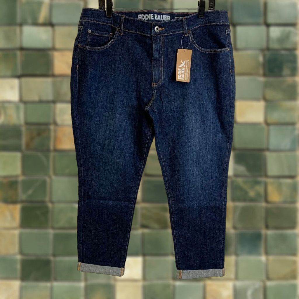 EDDIE BAUER Boyfriend Denim Slim Fit Jeans Women's Size 14 Glacier Blue Dark 26 in Inseam Cotton Blend Regular 5-Pocket Design Jeans