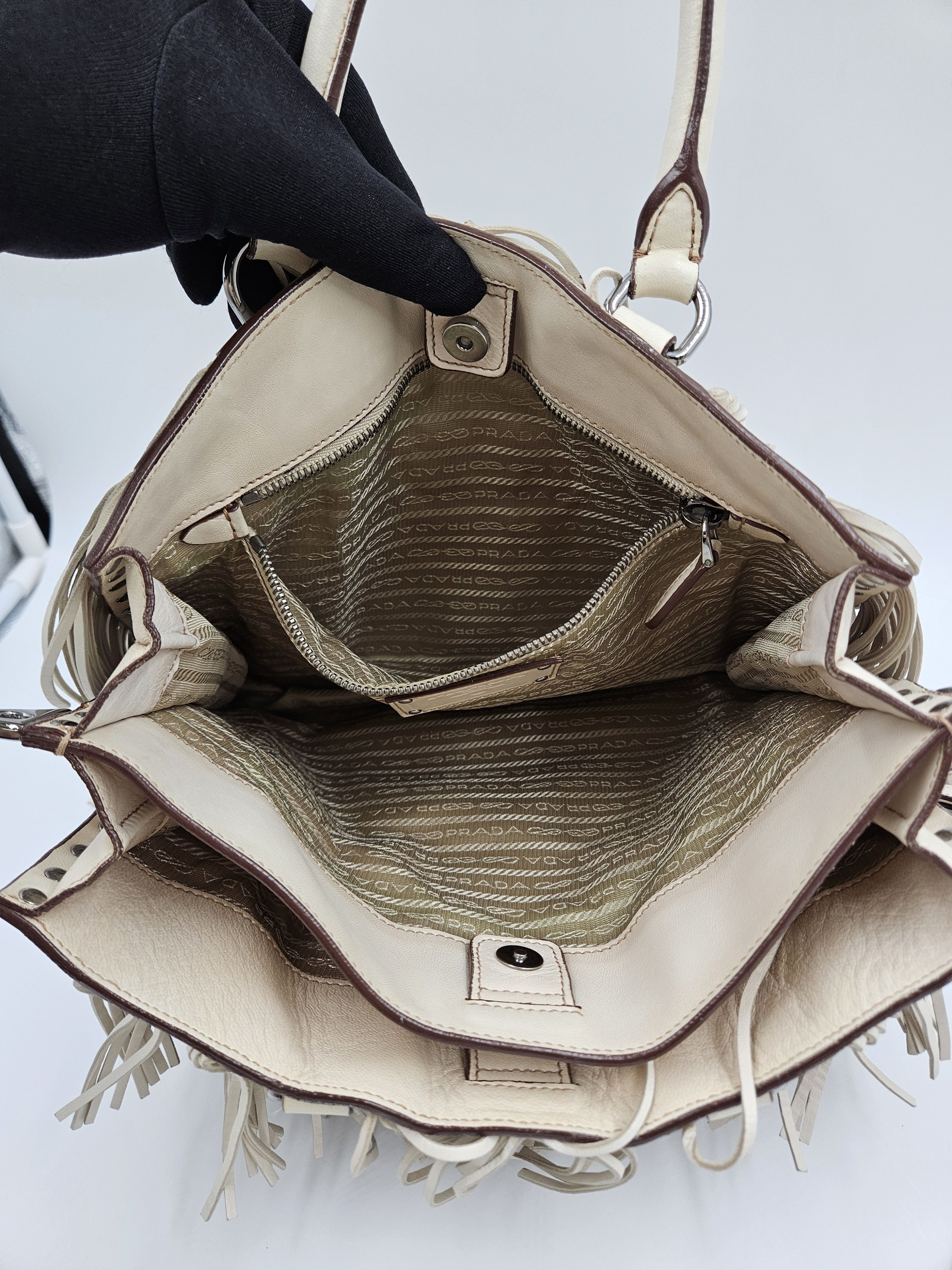 Prada Beige Nappa Fringe Tote Bag Size ONE SIZE - 10 Thumbnail