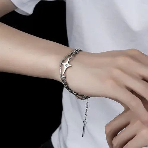 Jewelry Silver Chain Link Bracelet with Star Charm, Adjustable Size ONE SIZE - 6 Thumbnail