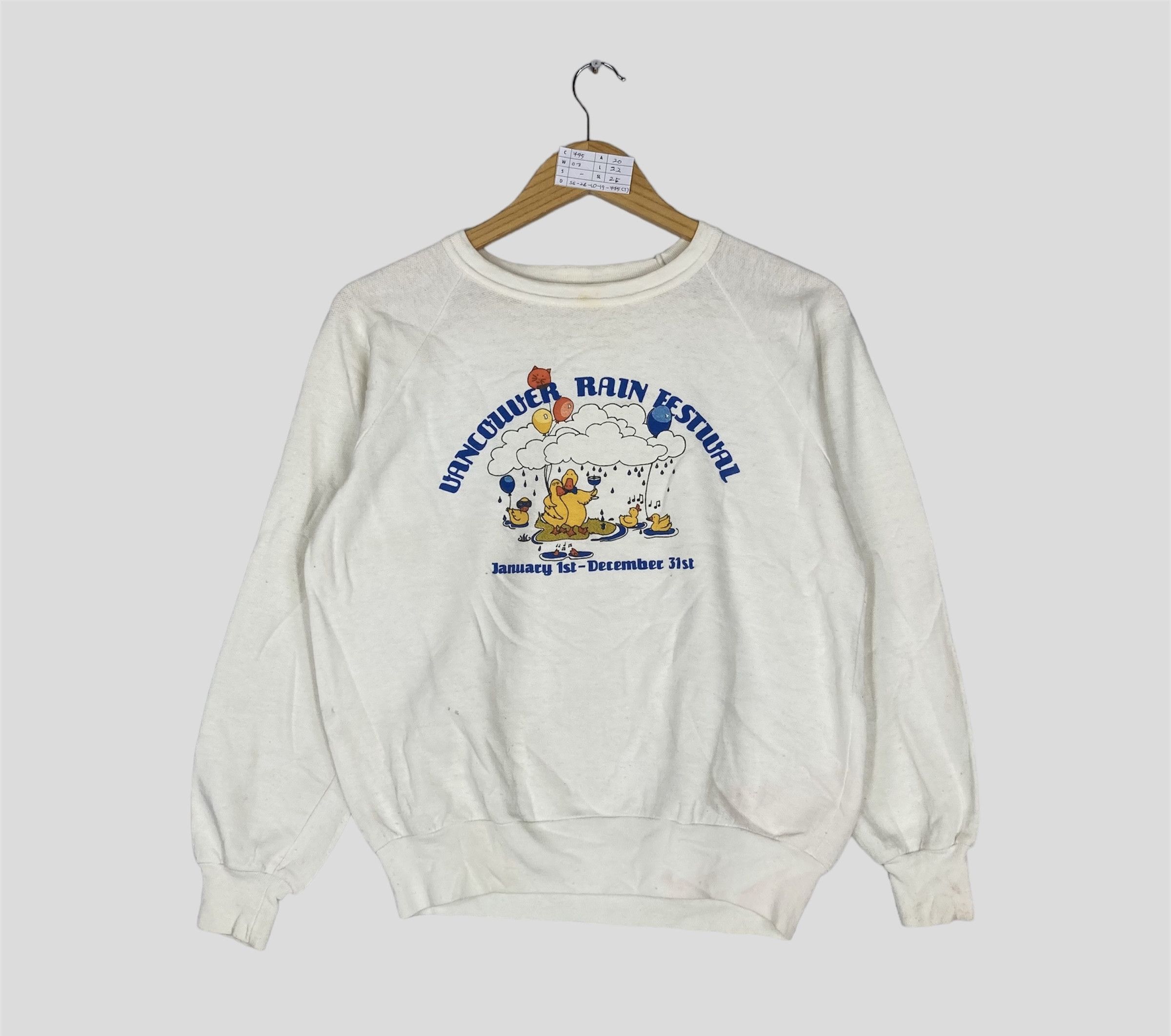 image of Vintage 90's Vancouver Rain Festival Crewneck Sweatshirt in White, Women's (Size Small)