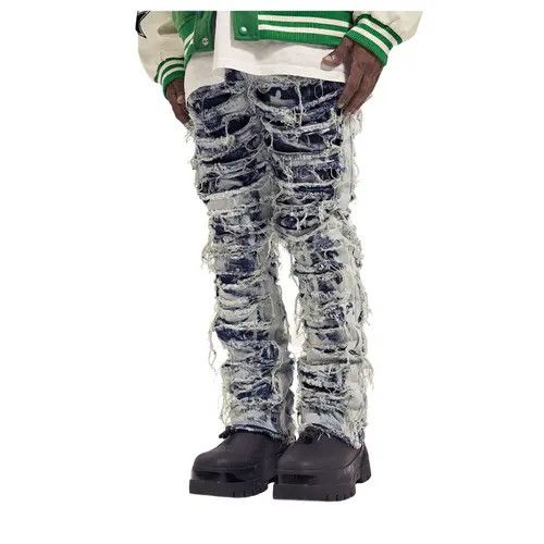 Jean Distressed Frayed Stacked Washed Denim Jeans Size US 34 / EU 50 - 3 Thumbnail