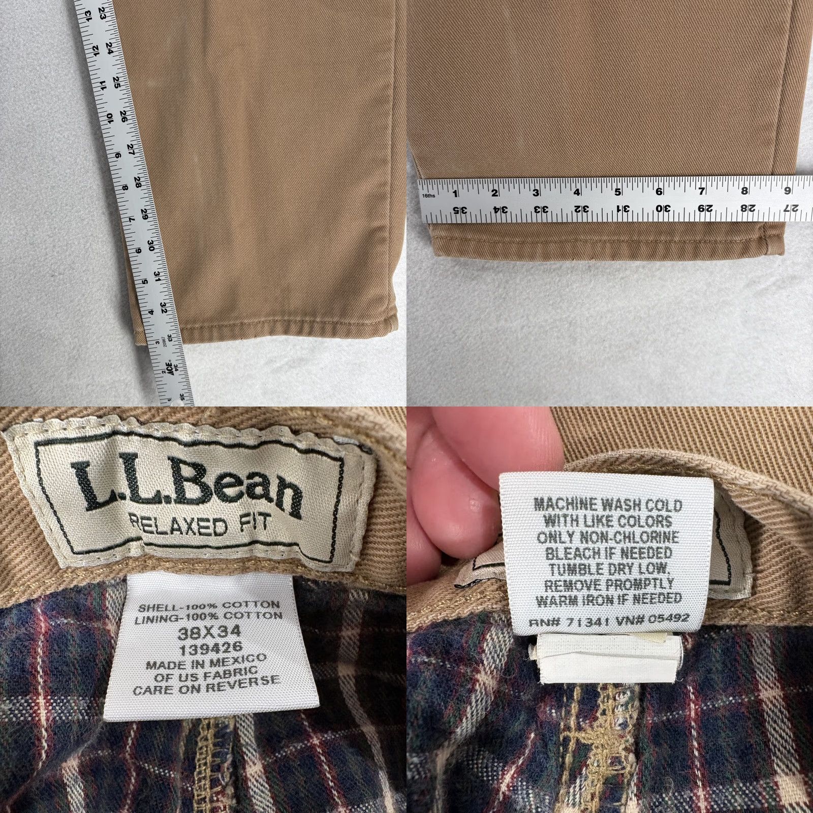Vintage L.L. Bean Relaxed Fit Pants Mens 38x34 Khakis Flannel Lined 5-Pocket Coin Pocket Brown Beige Casual Workwear Regular Front Flat Tailored Size US 38 / EU 54 - 8 Thumbnail