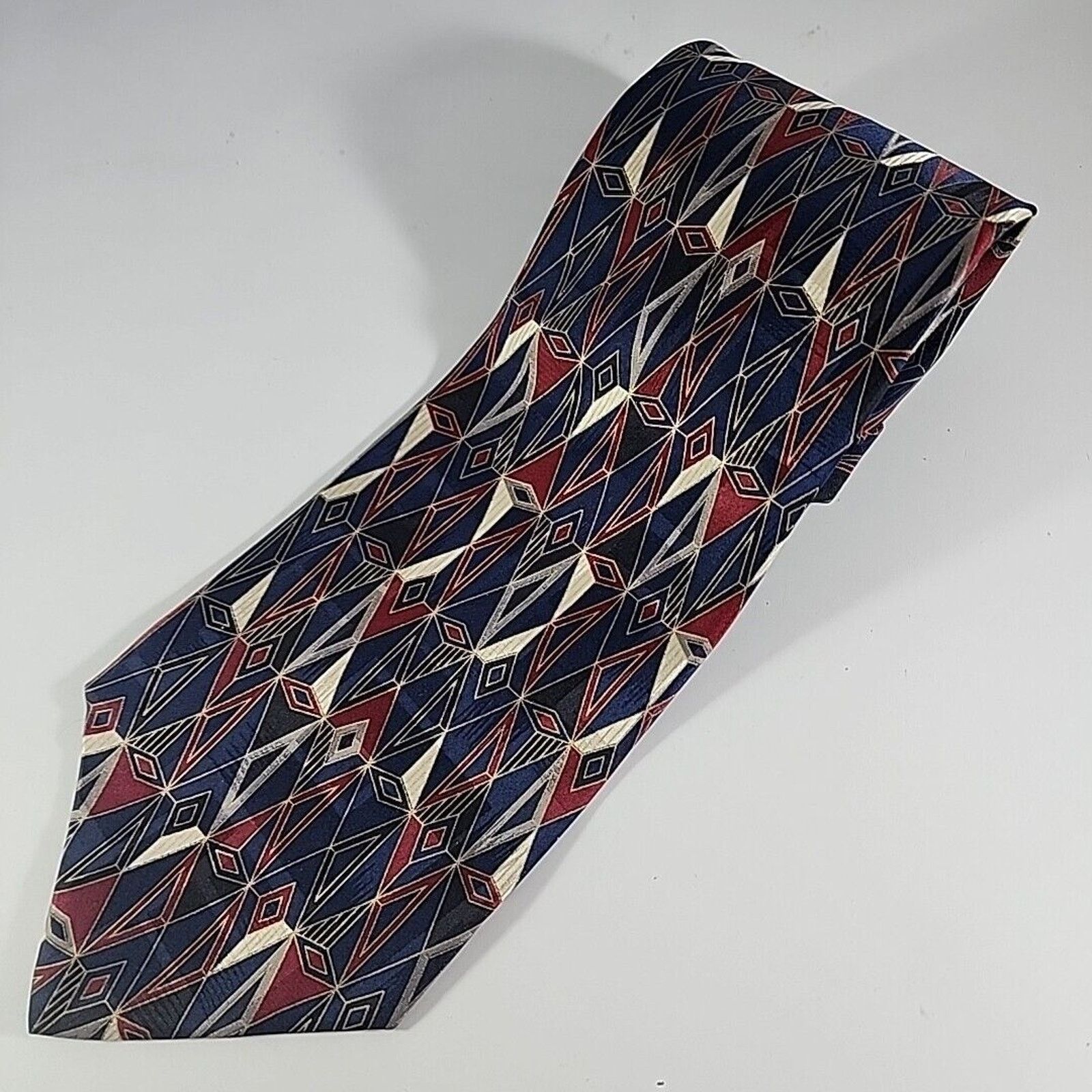 Vintage Zylos Silk Necktie, Red-Blue-Wht-Gold Geometric - Like New Size ONE SIZE - 4 Thumbnail