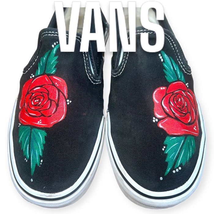 Vans Vans Unisex Custom Painted Red Roses Black Slipon Sneaker W Grailed