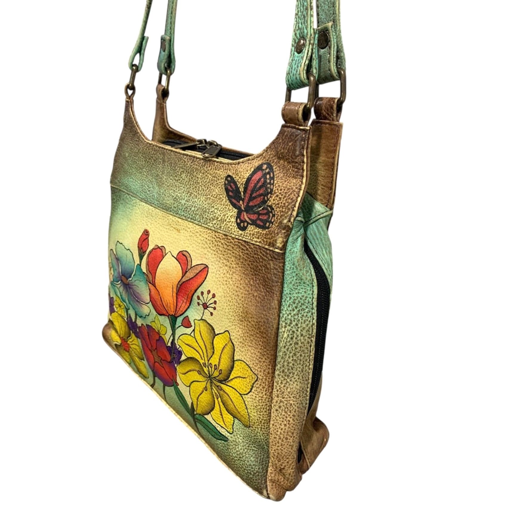 Vintage VINTAGE Anuschka Flower Leather 3 Compartment Shoulder Bag Hand-Painted USA Women Leather Shoulder Bag 9"h 10.5"l 3.25"d Green Size ONE SIZE - 3 Thumbnail