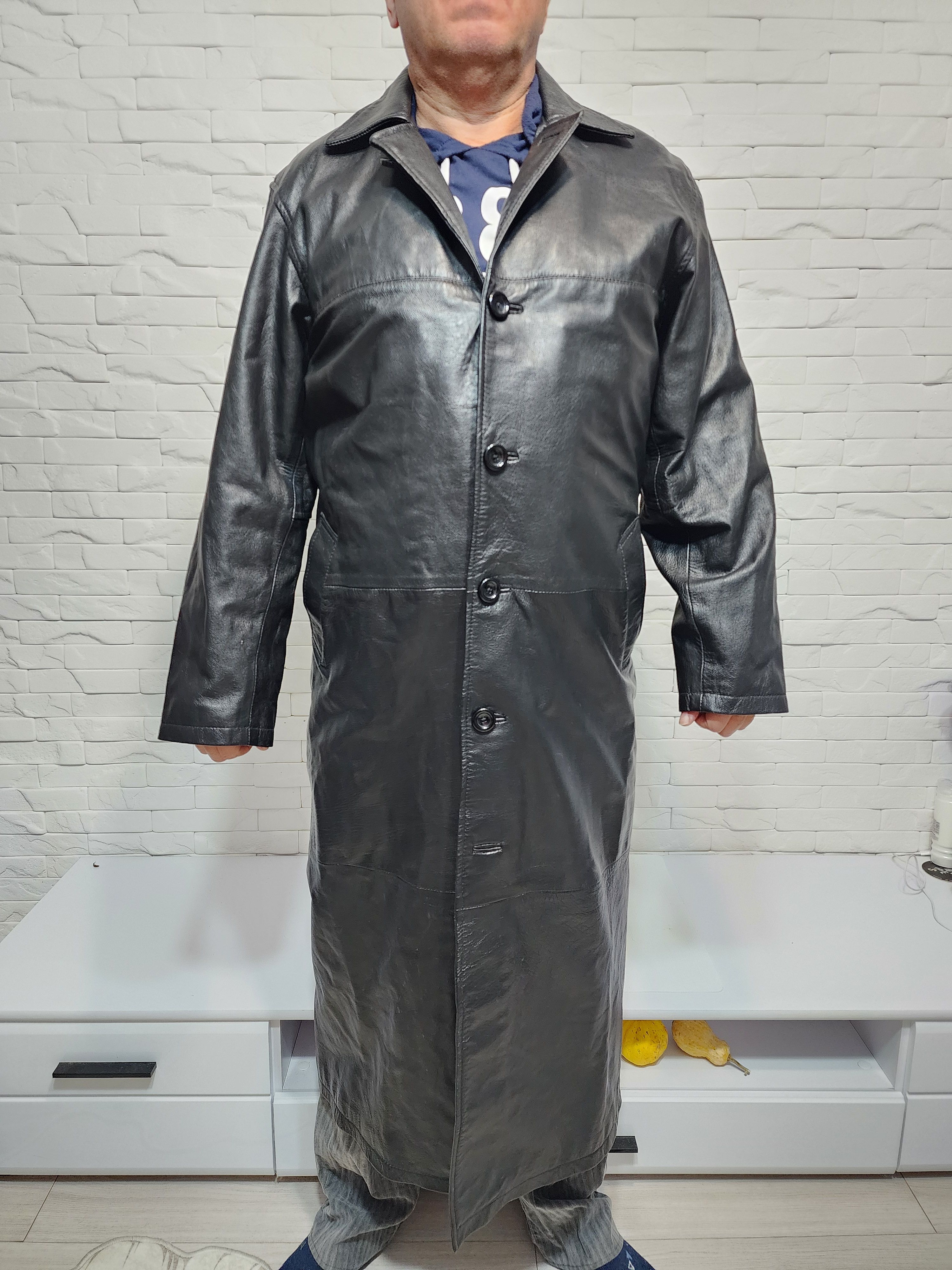 Genuine Leather Black Leather Long Coat: Chic Raincoat Size US L / EU 52-54 / 3 - 3 Thumbnail