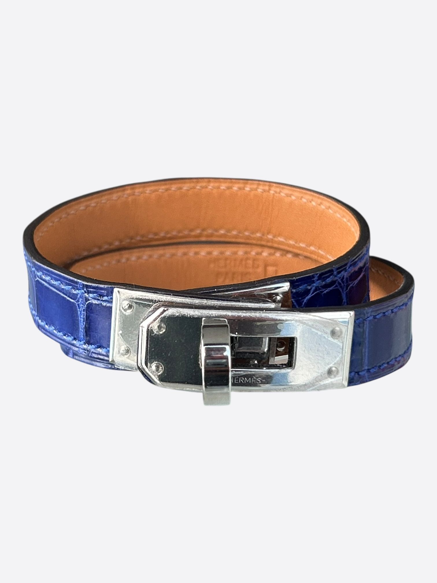 Hermes Blue Crocodile Palladium Hardware Kelly Double Tour Bracelet Size ONE SIZE - 1 Thumbnail