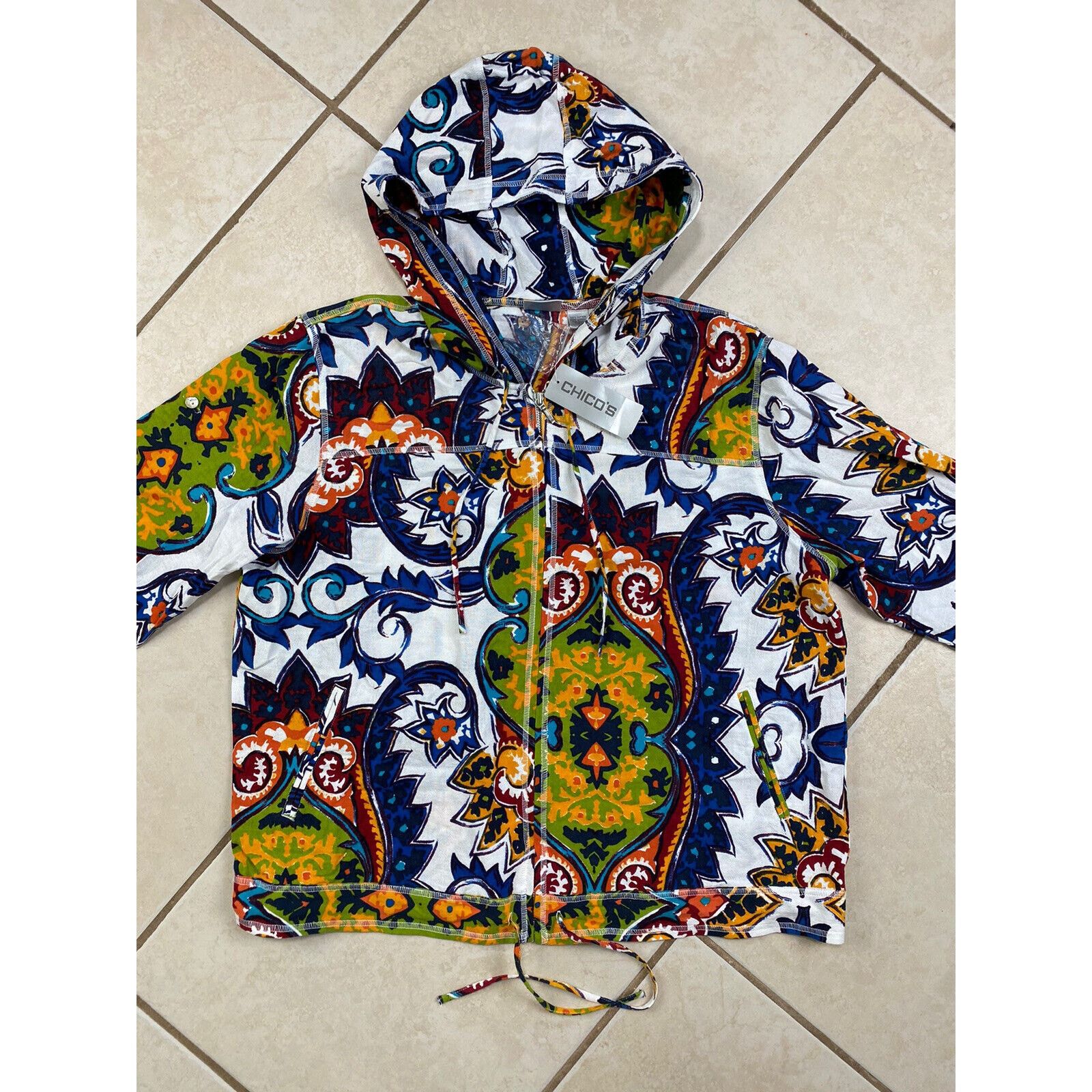 Chicos NWT Chico's Lightweight Paisley Hoodie 3/4 Tab Sleeve Zip Size XL / US 12-14 / IT 48-50 - 2 Thumbnail