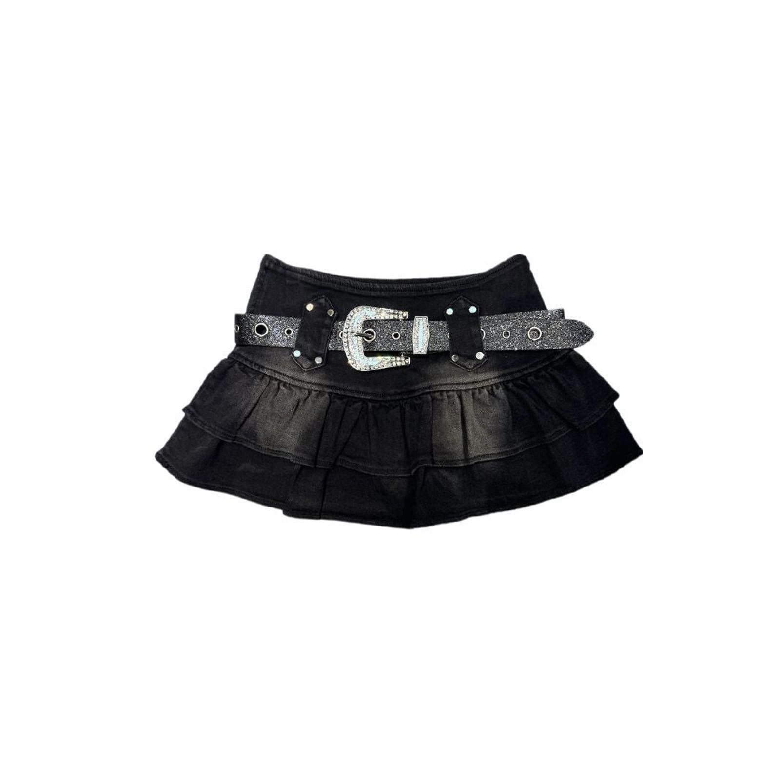 Jean Black Ruffled Mini Skirt with Rhinestone Buckle Belt Size 32" / US 10 / IT 46 - 1 Thumbnail