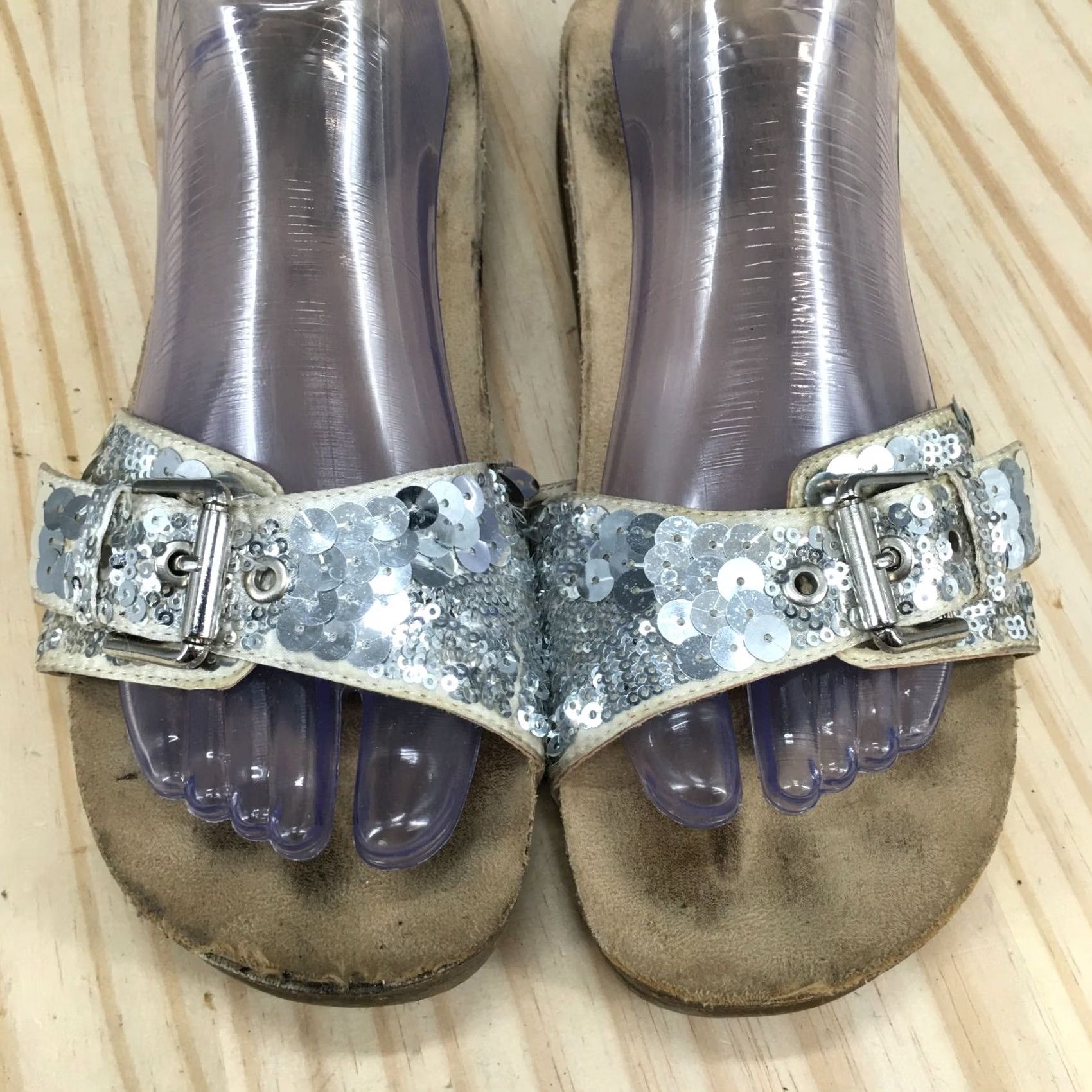 Vintage Apostrophe Sandals Womens 10 Sequin Slide Flats Slip On Leather Gray Silver Casual Flat Shoes Womens Size US 10 / IT 40 - 7 Thumbnail