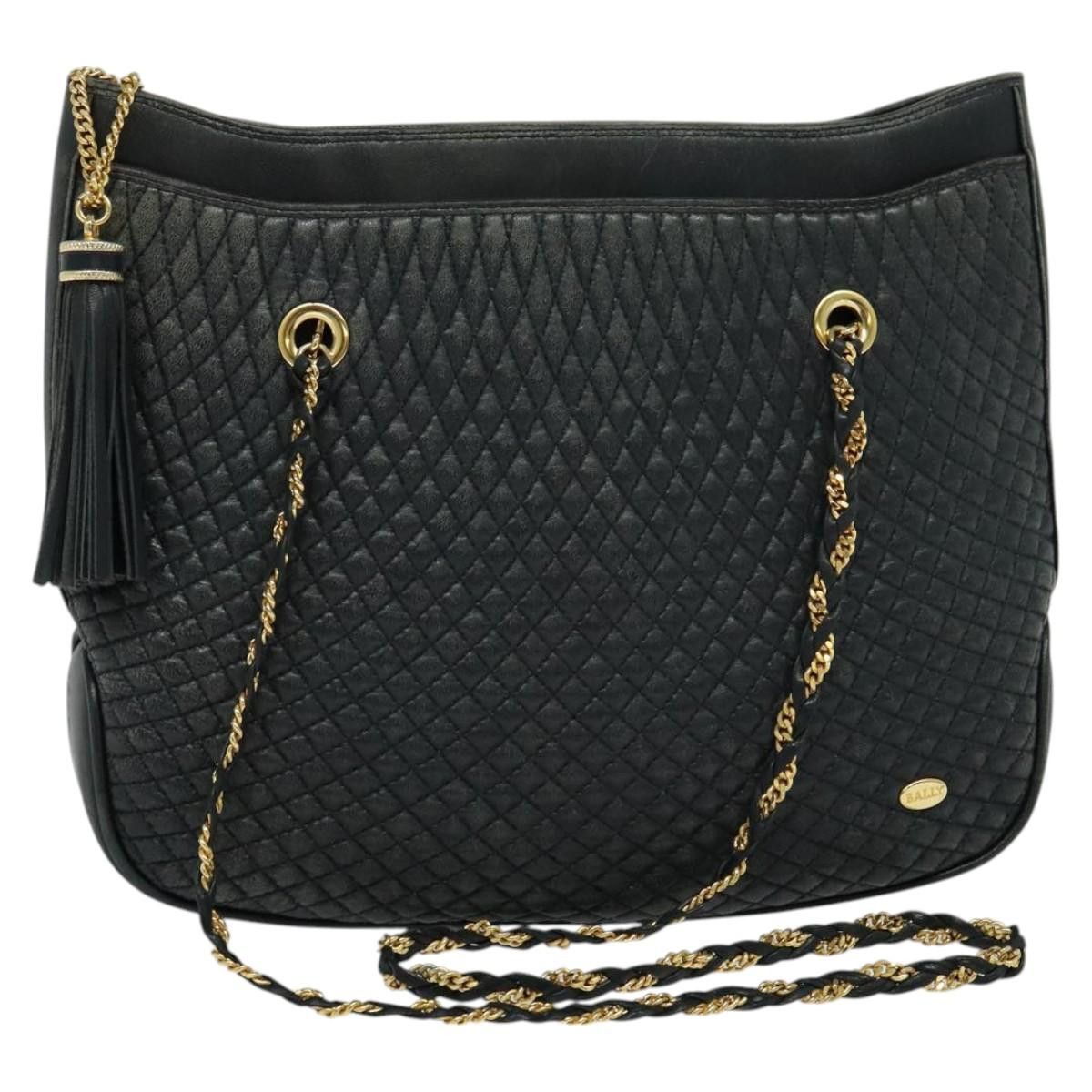 Bally Chain Shoulder Bag Leather Navy Gold Auth 117996 in Navy/Gold, Women's